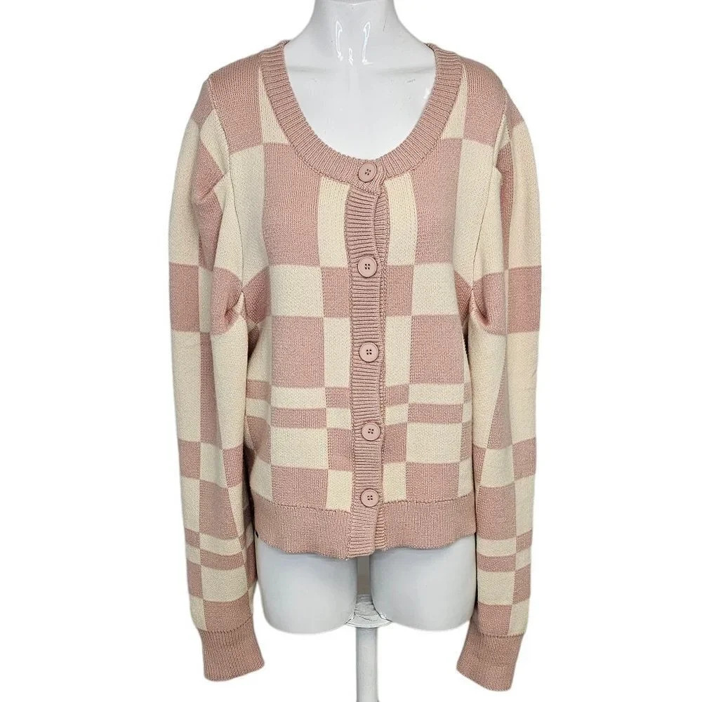 En Saison Women's Josena Check Knit Cardigan Size Large Gathered Pleat Sleeve